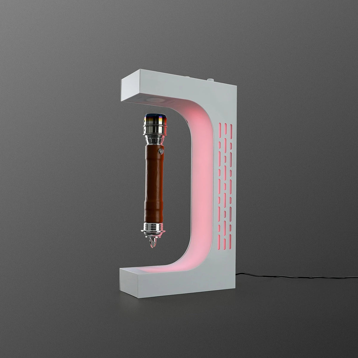 White levitating saber stand displaying an alternate saber hilt with red LED lighting