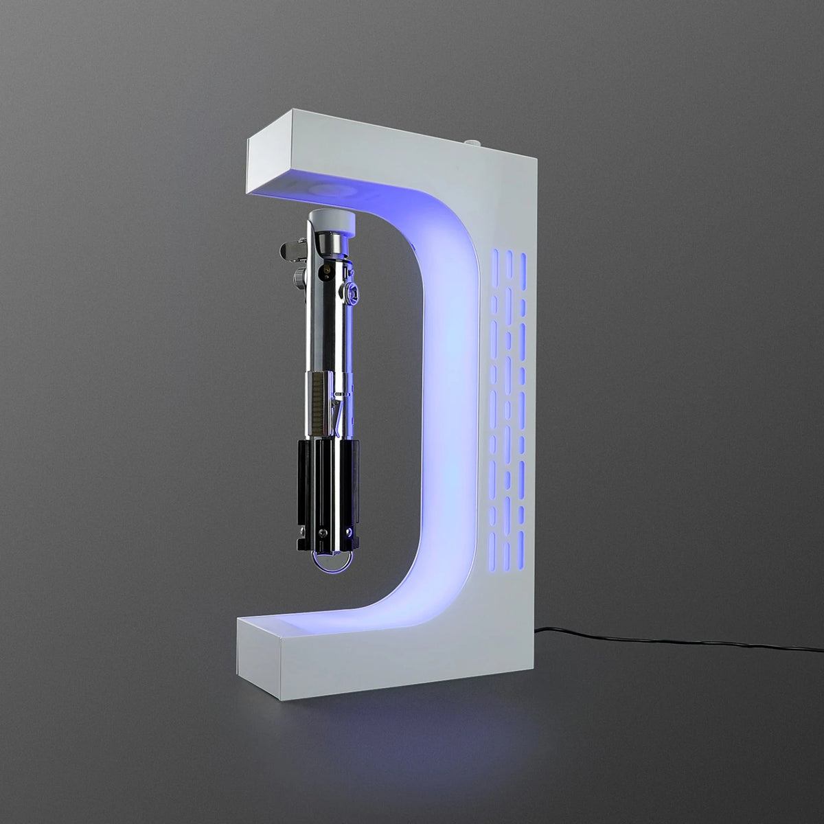 White levitating saber stand displaying a floating saber hilt with blue LED lighting