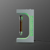 White levitating saber stand displaying a floating saber hilt with green LED lighting
