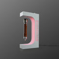 White levitating saber stand displaying an alternate saber hilt with red LED lighting