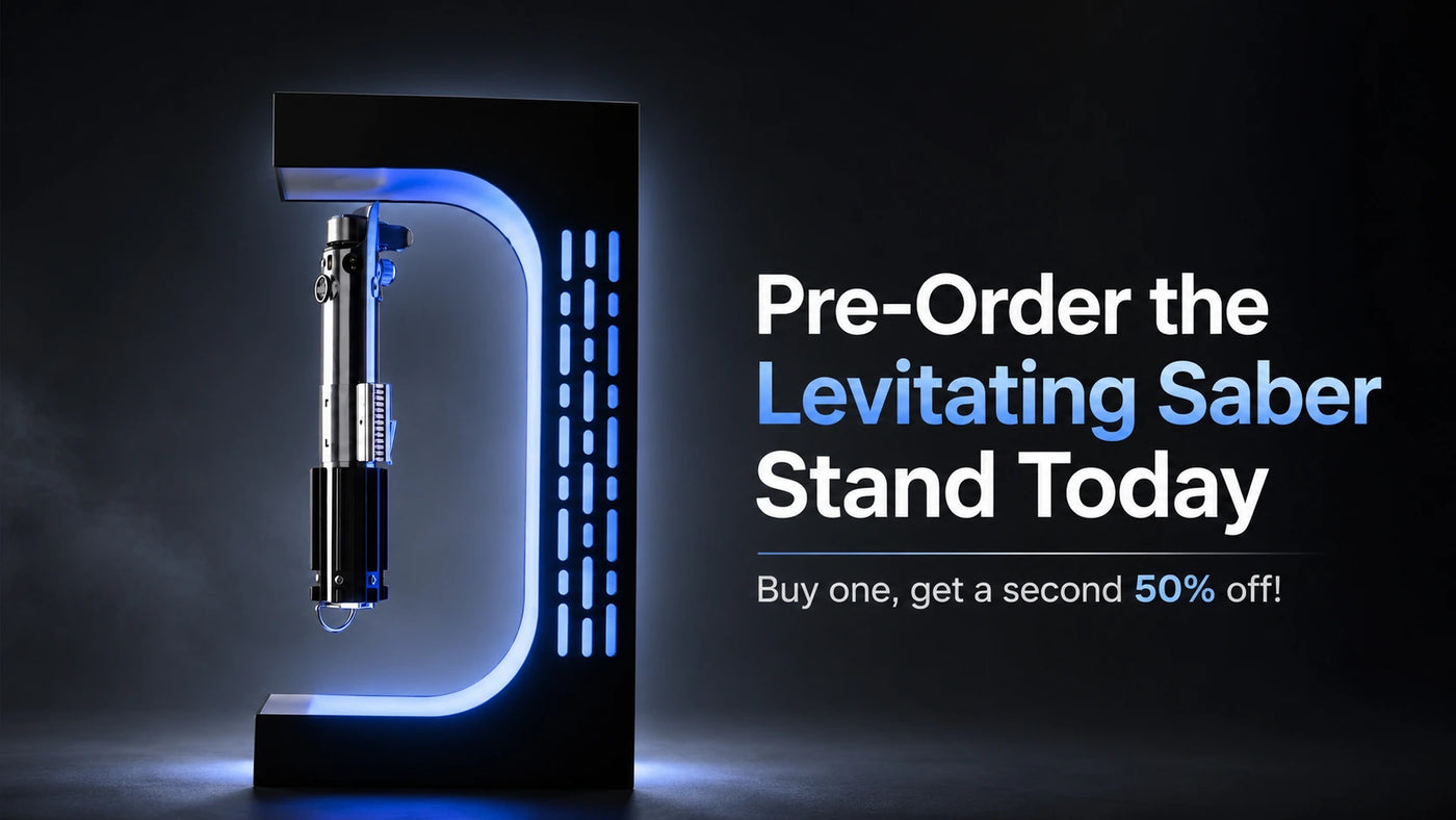 A promotional product image showing a levitating lightsaber display stand on a dark studio background, with large text reading 'Pre-Order the Levitating Saber Stand Today' and 'Buy one, get a second 50% off!'. The stand holds a silver and black levitating lightsaber.